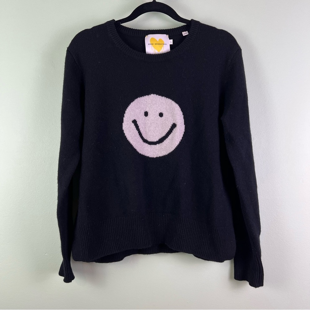KERI ROSENTHAL Sz Large Black Thick 100% Cashmere Smiley Face Sweater